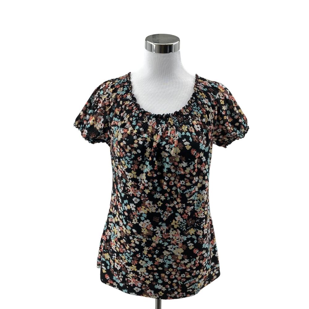 Style&co. Boho Blouse Womens Medium Black Floral Nylon Off Shoulder Short Sleeve